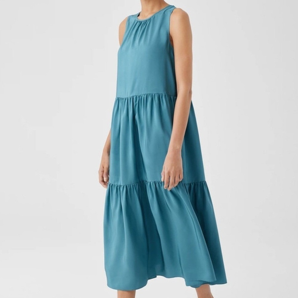 New! EILEEN FISHER Tiered Dress 100% Silk Large River Blue Wash Habutai Peasant